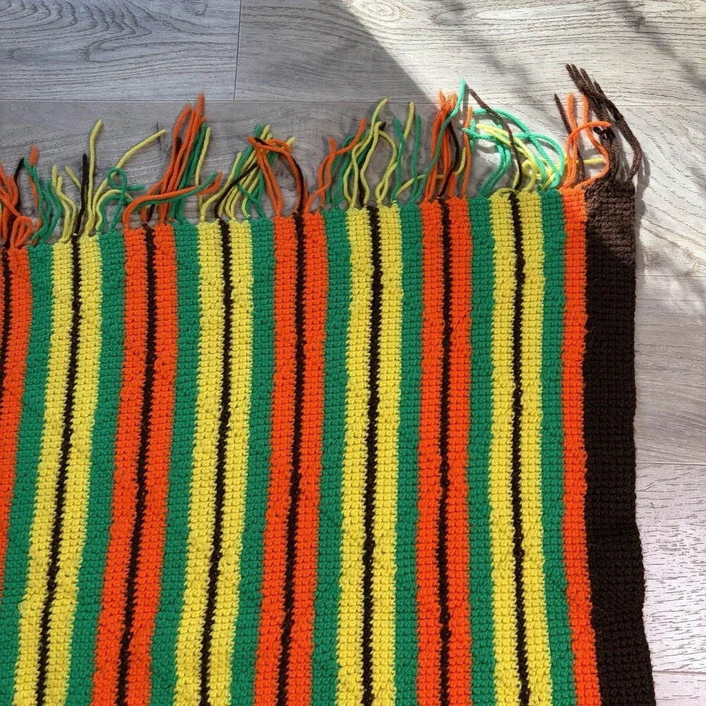70s Vtg Diamond‎ Crochet Knitted Afghan Blanket Brown Orange Retro Handmade